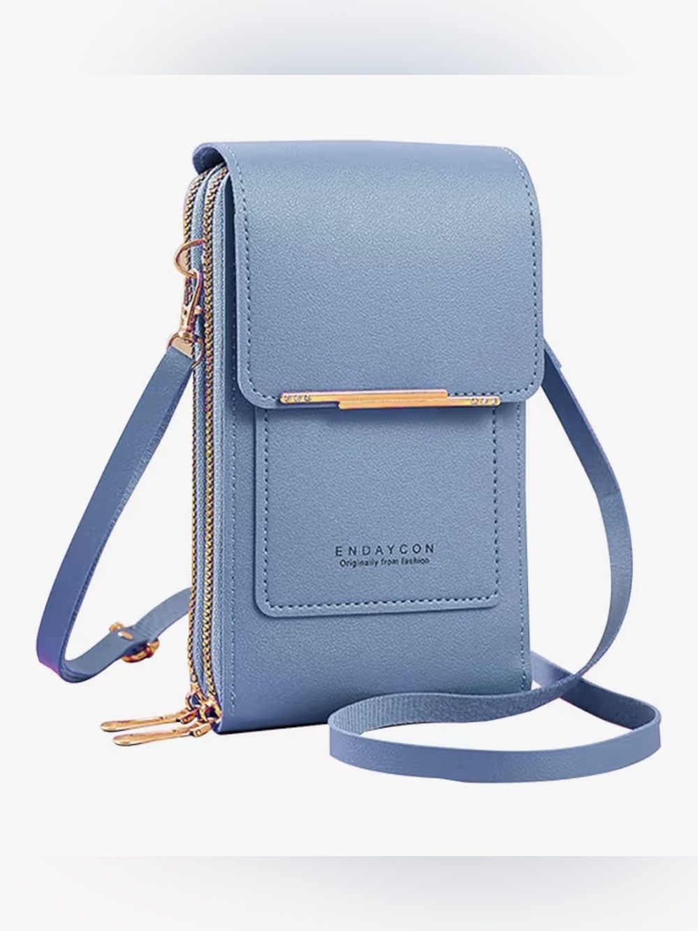 New Endaycon Sky Blue Crossbody Phone Bag with Gold Accents adjustable straps